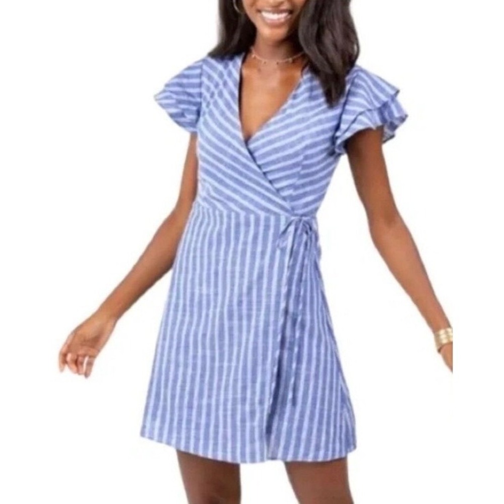 Harper Heritage Blue White Stripe Wrap Flutter Sleeve Dress XS‎
